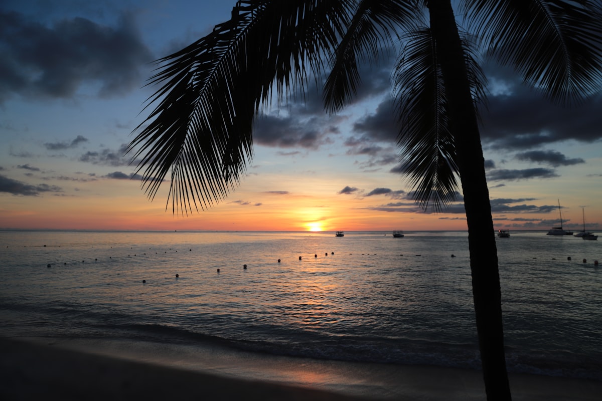 Sunset over anchored boats on the west coast of Barbados